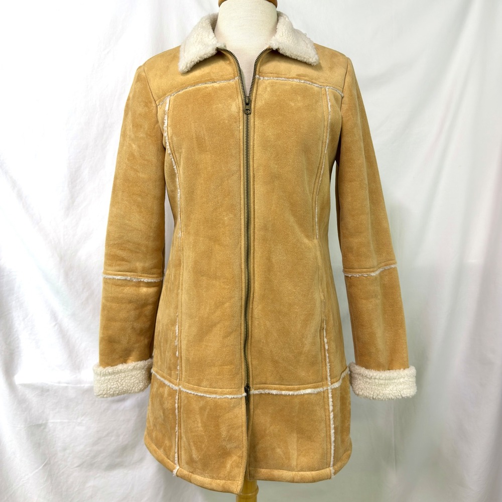 VINTAGE Y2K Buttons Faux Suede Shearling Penny Lane Coat Womens M Retro 70s Boho